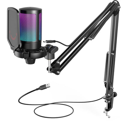 Kit de microfone FIFINE USB para jogos para PC, PS4/5, conjunto de microfone condensador cardioide com botão mudo/RGB/suporte de braço, para streaming de vídeo - A6T