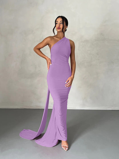 Hugcitar One Shoulder Backless Adjustable Scarf Loop Ruched Sexy Maxi Dress Wome