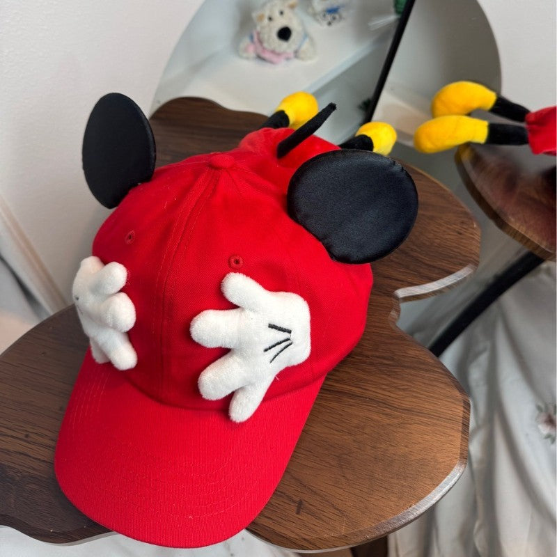 Boné de Beisebol Disney Novo Mickey Mouse Bonitinho Mickey Pequena Boneca de Palma Proteção Solar Boné com Viseira Kawaii Desenho Animado Orelhas de Mickey Chapéu de Sol
