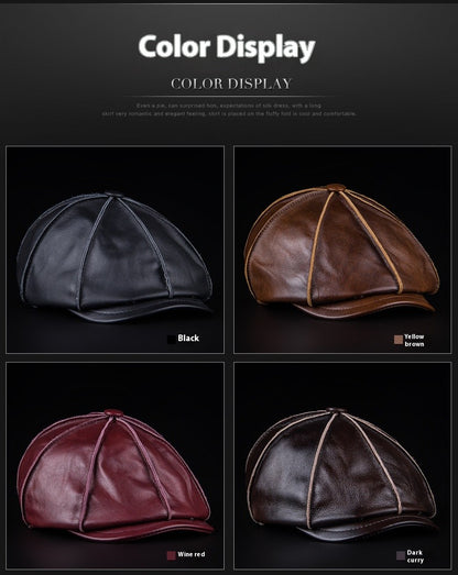 Men's Genuine Leather Warm Octagonal Cap Elegant Adjustable Newsboy Beret Cowhide Tongue Cap