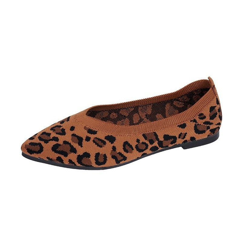 Elegant Houndstooth Knitted Ballet Flats Woman Point Toe Mesh Moccasins Ladies Big Size Leopard Loafers Soft Driving Shoes