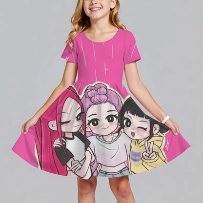 Summer Fashion Polyester Lightweight Cartoon Cute Huntrix Kpop Demon Hunters Printed Girl's Dress Short Sleeved Princess Dress