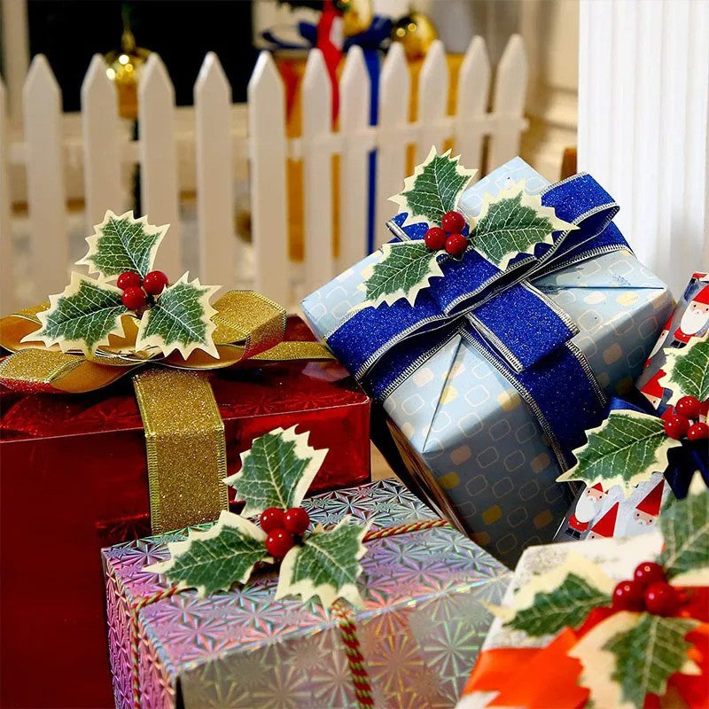 50/10Pcs Artificial Holly Berries With Green Leaves DIY Christmas Wreath Wedding Flower Gifts Xmas New Year Festival Decorations