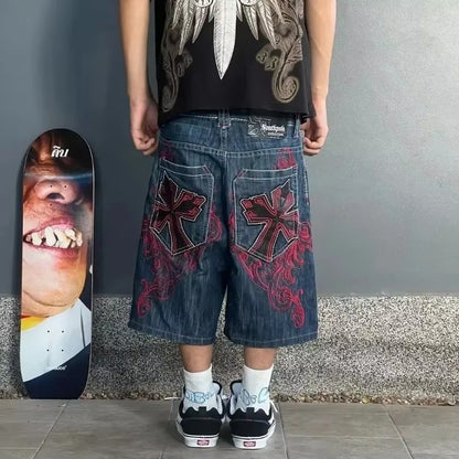 High Quality Street Y2K Retro Denim Shorts Shinjuku Hip Hop Pocket Loose Denim Shorts For Men and Women In Summer Gothic Shorts