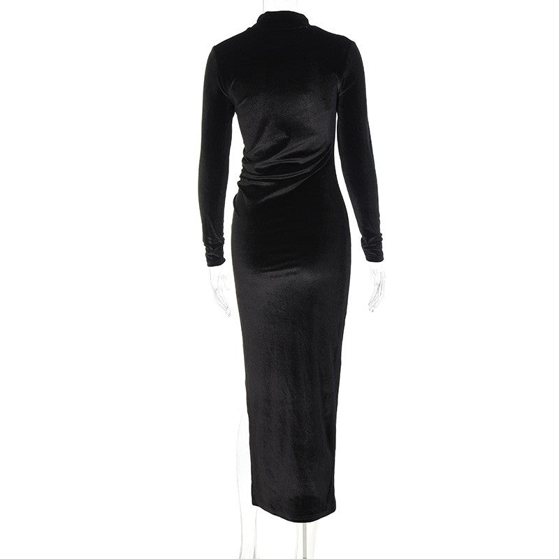 2022 Autumn Winter Women Solid Velvet Long Sleeve Ruched Midi Dress Side Slit Bo