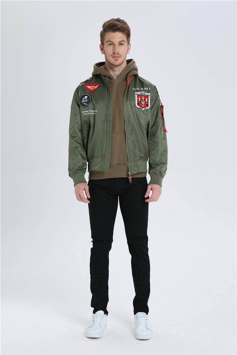 High Quality Military Fashion Casual Boy Youth Lightweight Top Gun Patch Embriodey Streetwear Ma1 Satin Flight Bomber Jacket Men