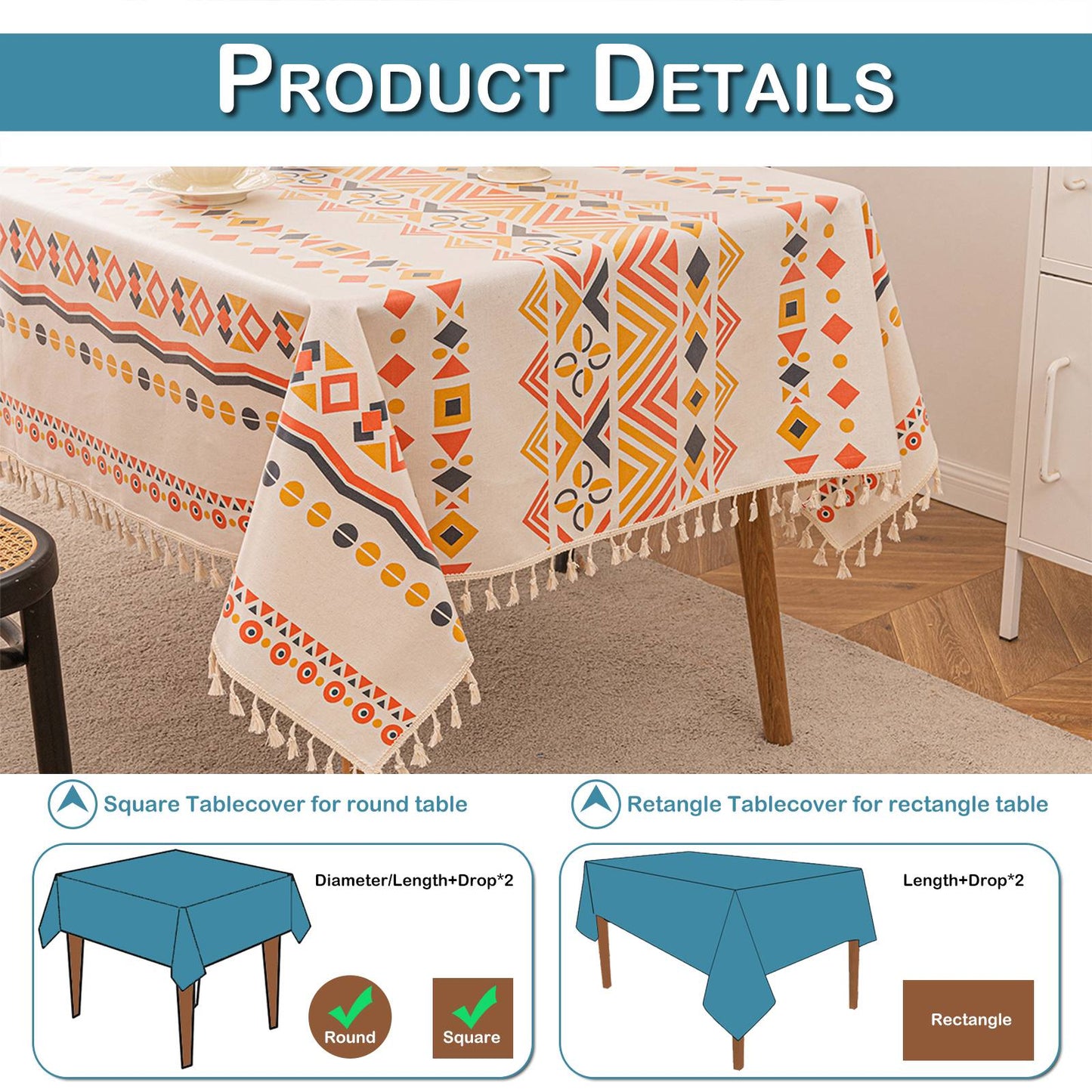 Vintage Boho Tassel Table Cloth Waterproof Cotton Linen Bohemian Tablecloth Patio Outdoor Wrinkle Free Table Protector Covers