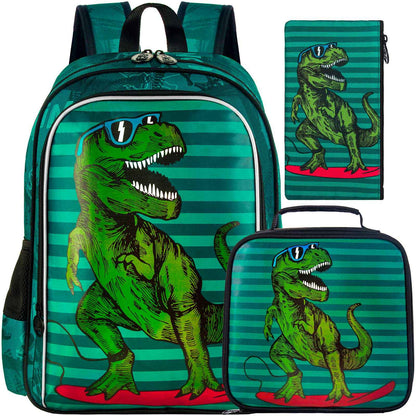 Mochila 3 Peças para Meninos, Mochilas Infantis de Dinossauro 16 Polegadas, Mochilas Escolares Legais para Ensino Fundamental e Pré-escola