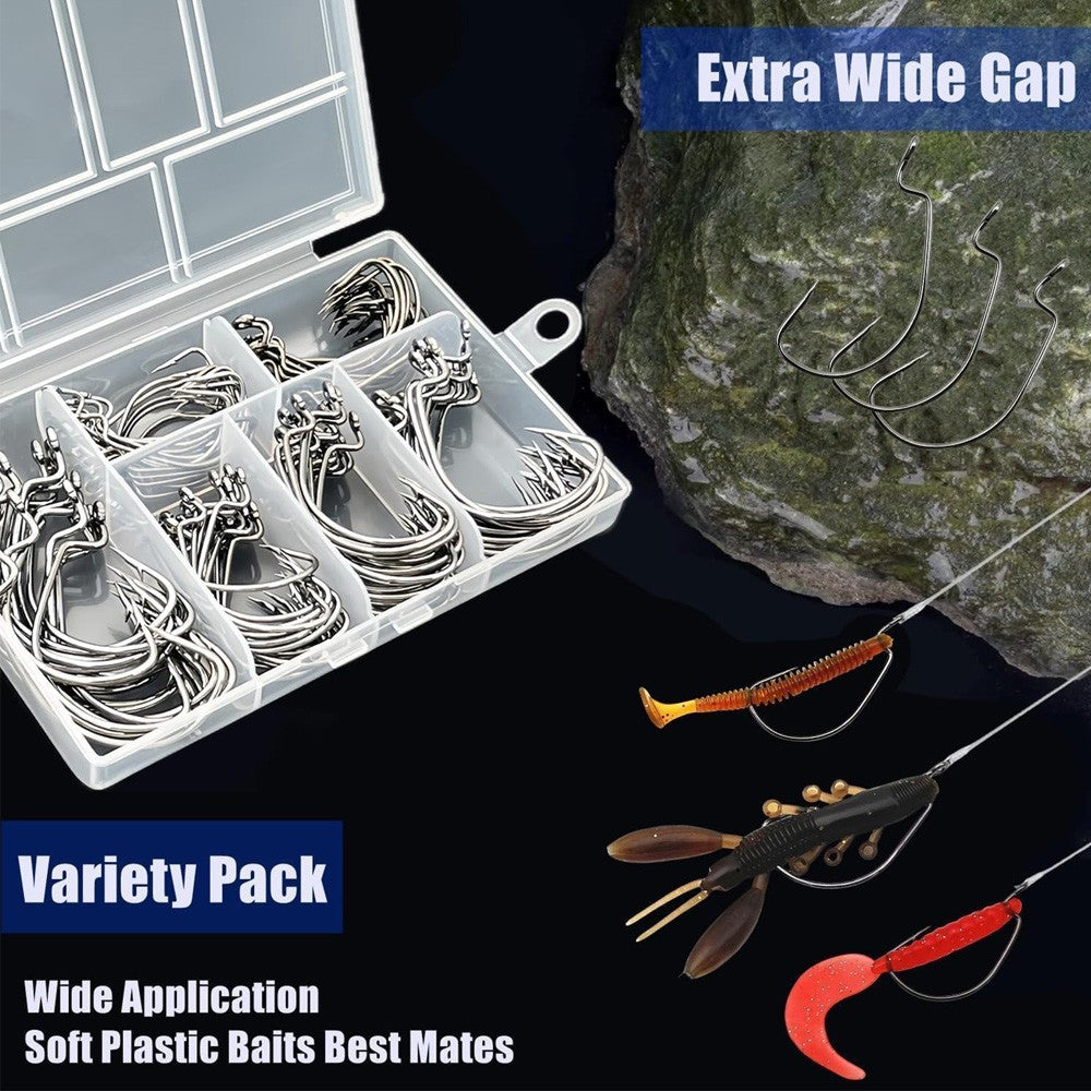 60 unidades/caixa Anzóis de minhoca de boca larga Anzol Jig Texas Rig Anzol para Robalo Aço de Alto Carbono Anzol Offset farpado Equipamento de Pesca Isca Macia