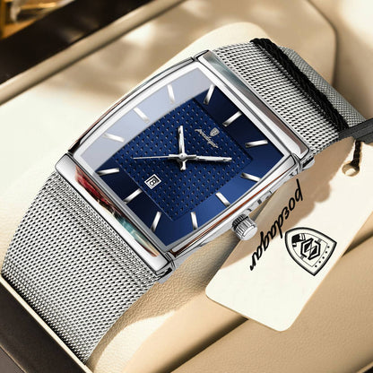 POEDAGAR Top Luxury Men Watch Stainless Steel Mesh Date Waterproof Luminous Man Wristwatch Casual Rectangle Quartz Men's Watches