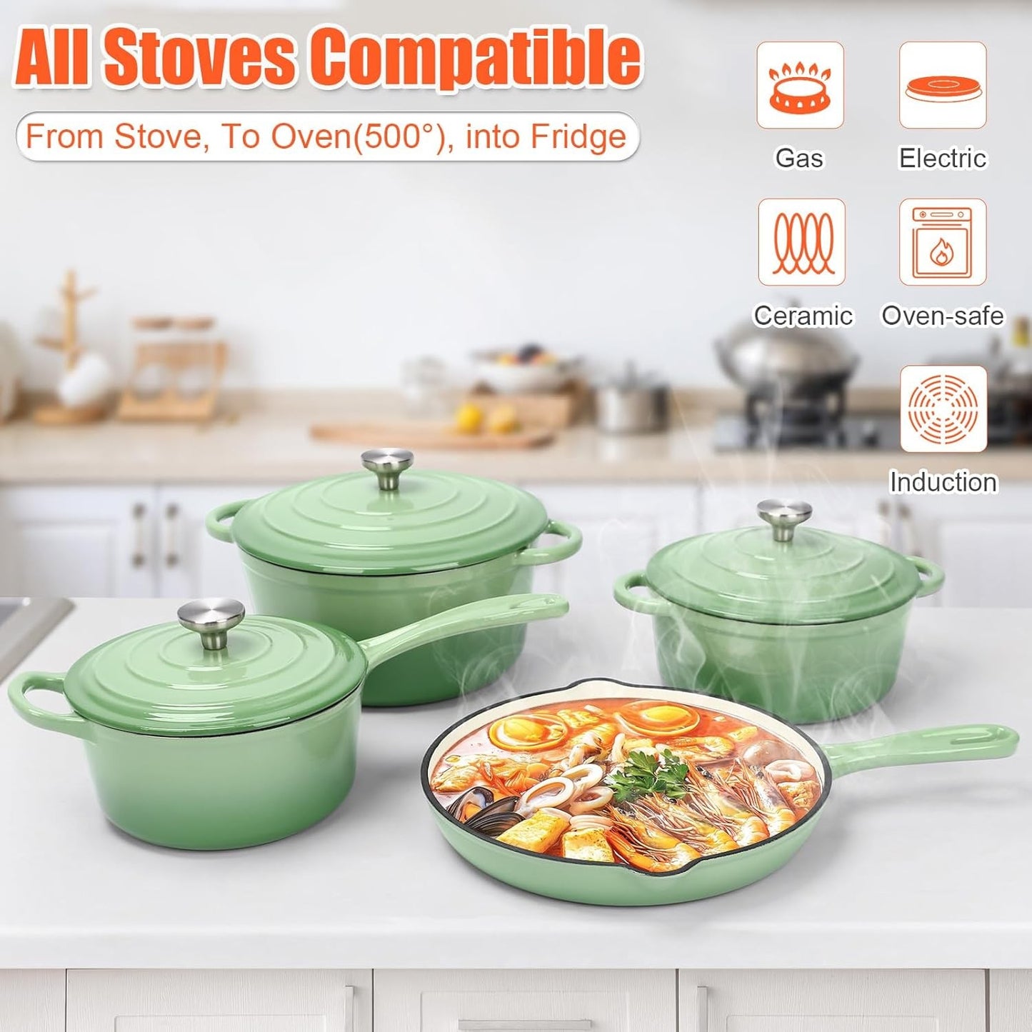 Nonstick Enameled Cast Iron Cookware Set,7 Pcs Pots and Pans with Lid, Frying Pan Skillet, Sauce Pan, Healthy Round Dutch Oven P