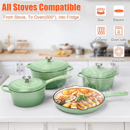 Nonstick Enameled Cast Iron Cookware Set,7 Pcs Pots and Pans with Lid, Frying Pan Skillet, Sauce Pan, Healthy Round Dutch Oven P