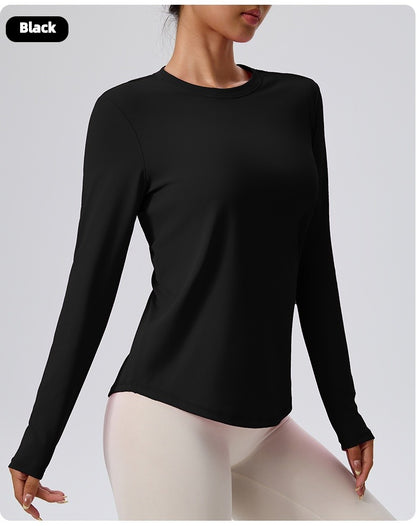 Naked Spring and Autumn Round Neck Fitness Yoga Clothing, Slimming and Slimming Base, Sports Top, Pilates Long Sleeve, Female