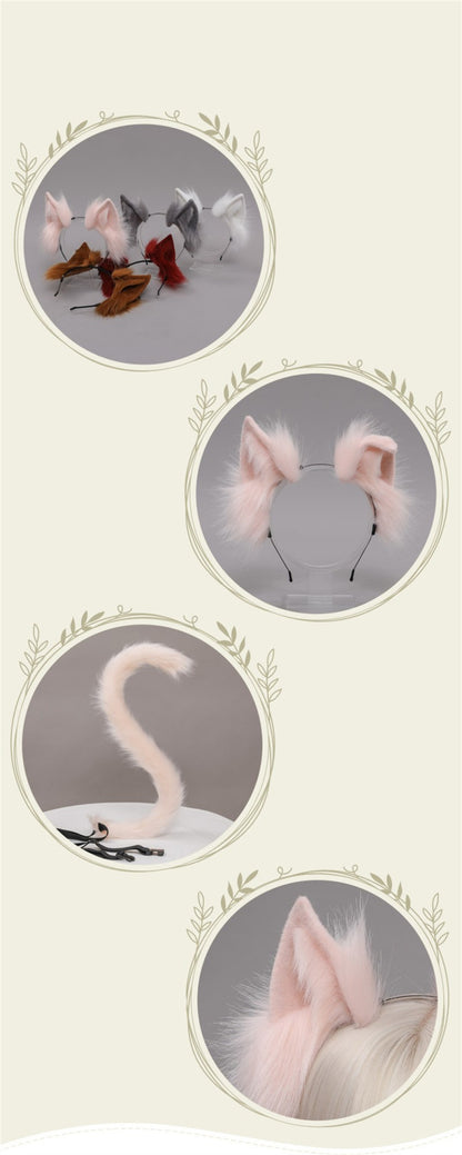 2Pcs/set Plush Cat Ears Tail Set Realistic Lolita Headband Cat Tail Cosplay Props Hand-made Simulation Animal Ears