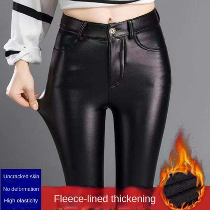 PU Leather Pants for Women Leggings Pencil Pants with Thermal Lining Female High-Waisted Stretchy Slim Fit Autumn Winter Black