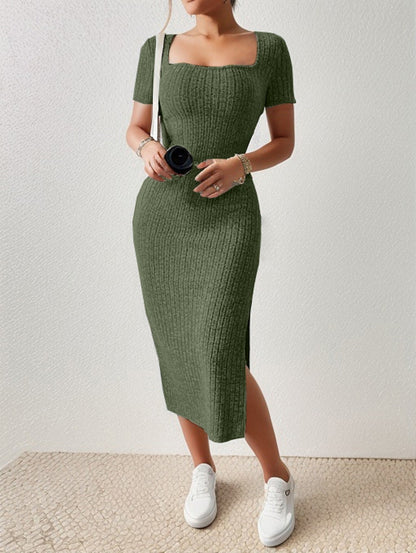 Summer Square Neck, Hip-Hugging Mid-Length Skirt, Short-Sleeved, Versatile Knitt
