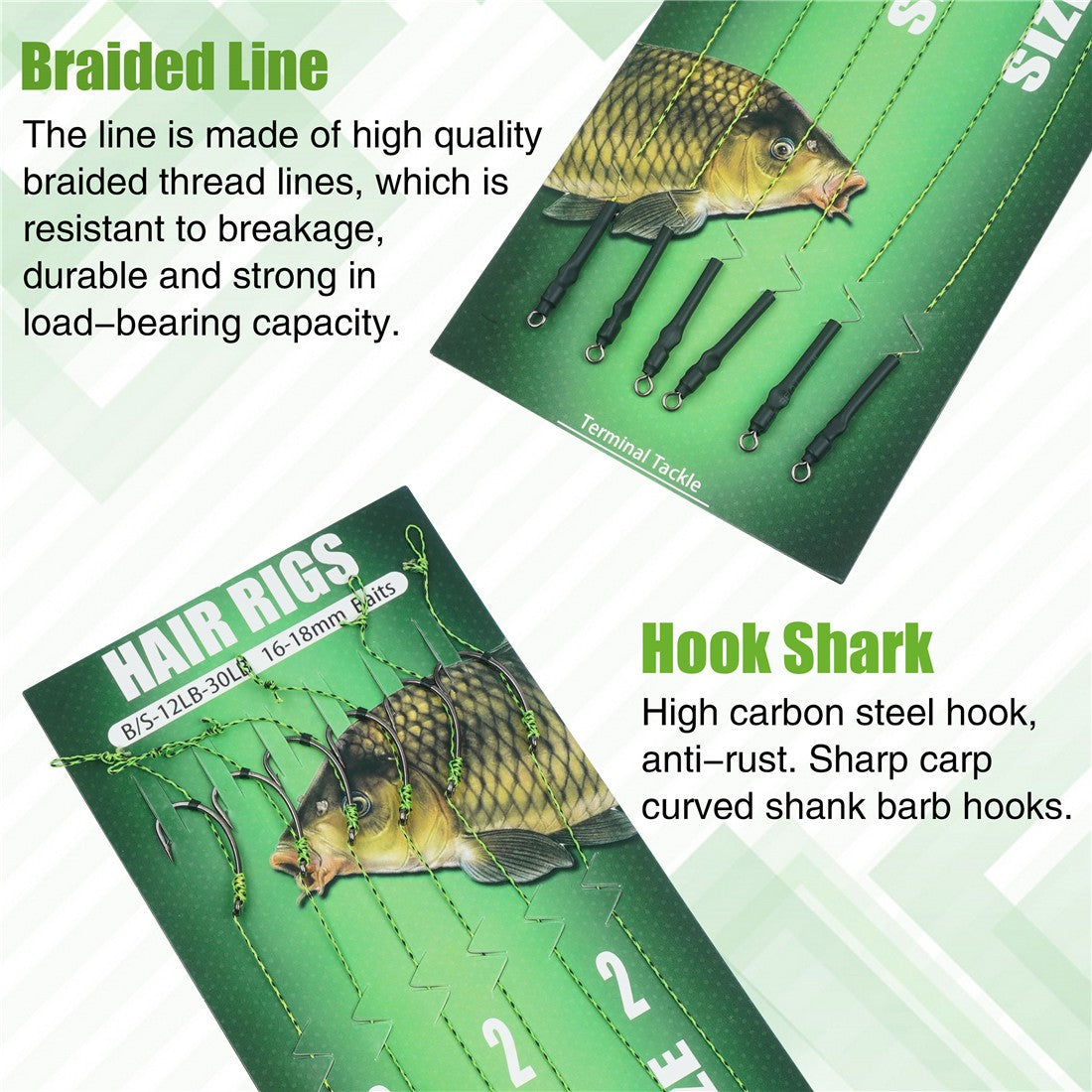 12 anzóis de pesca de carpa pré-amarrados com linha, para carpa, prontos para usar com iscas boilies, equipamento de pesca de carpa.