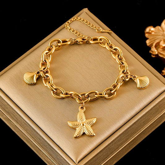 EILIECK 316L Stainless Steel Gold Color Starfish Moon Star Charm Bracelet For Women New Trendy Wrist Chain Jewelry Gift Party