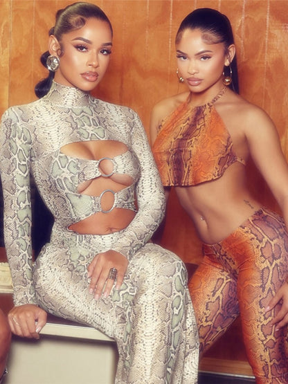 Weird Puss Sexy Snakeskin Maxi Dress Women Chest Hollow Metal Ring Turtleneck Peach Hip Hipster Street Stretch Skinny Bodycon