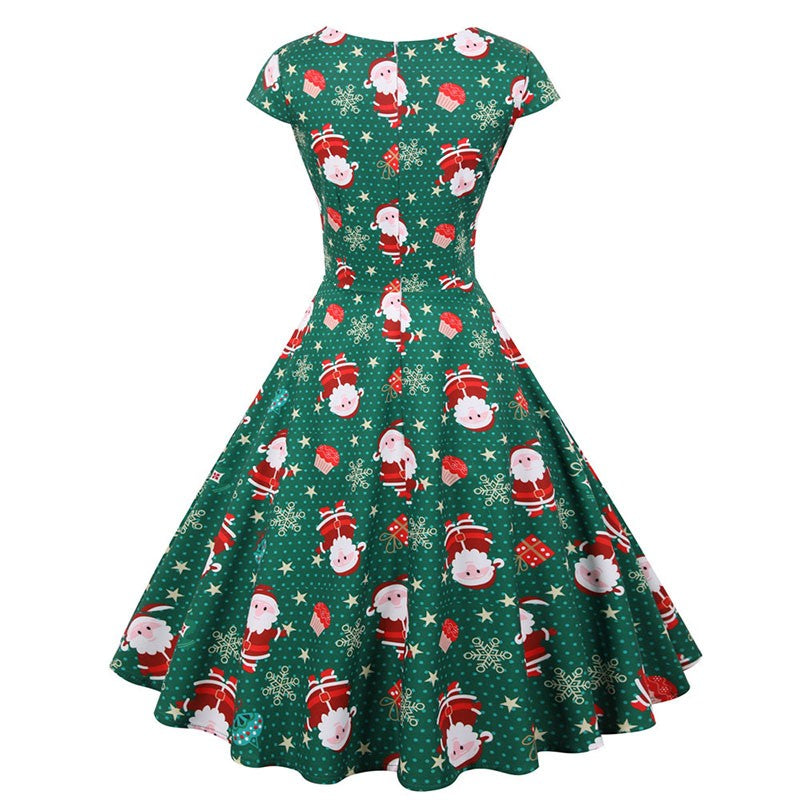 Fashion V-neck Short Sleeve Printed Christmas Dress Large Swing Vintage Elegant Xmas Party Dress