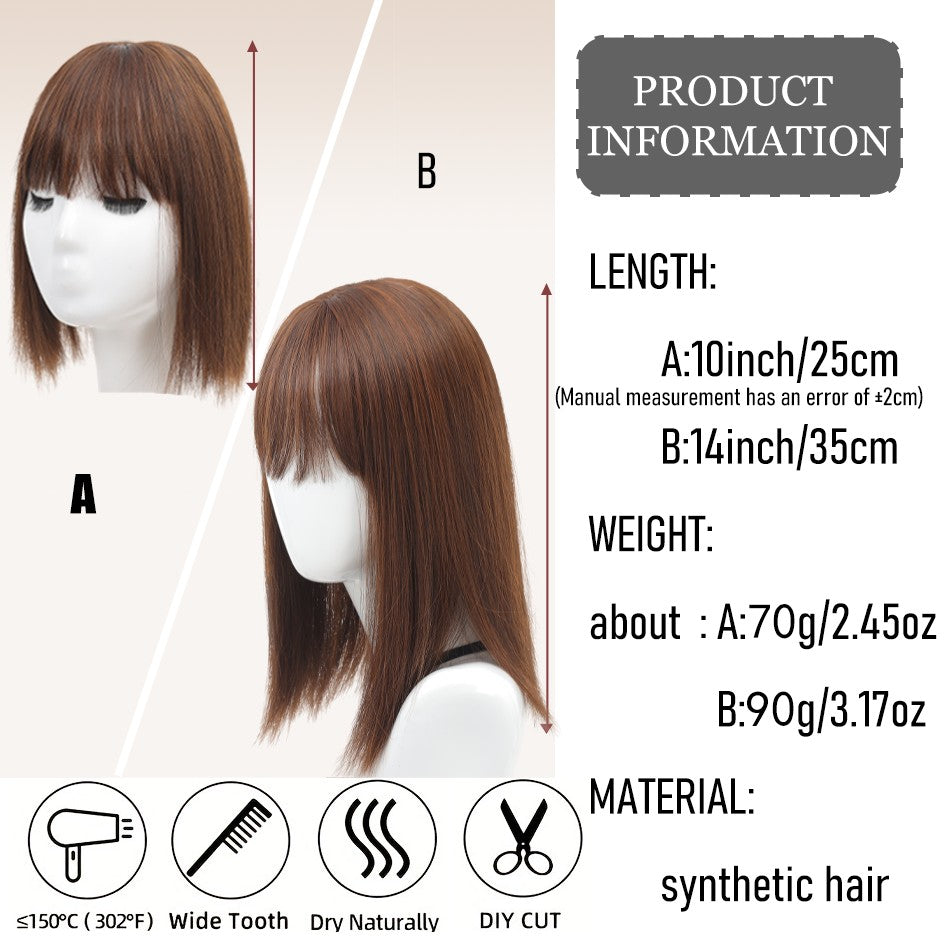 Franja sintética feminina de 25 cm/35 cm, lisa, aplique de cabelo topo, três presilhas, peruca preta/peruca marrom/peruca bege/peruca cáqui
