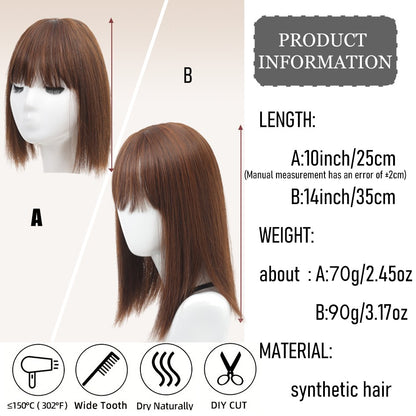 Franja sintética feminina de 25 cm/35 cm, lisa, aplique de cabelo topo, três presilhas, peruca preta/peruca marrom/peruca bege/peruca cáqui
