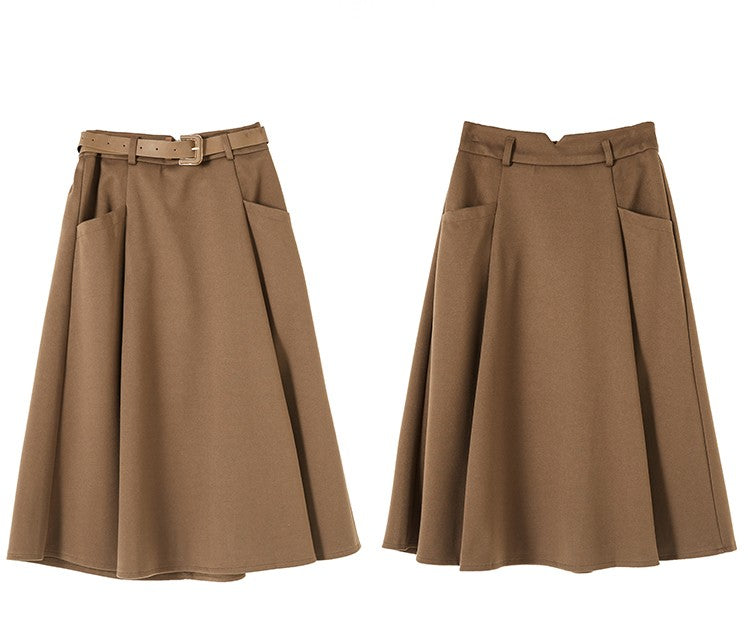 Plus Size Woolen Skirt Women 2024 Autumn Winter New Arrivals High Waist A Line Skirt With Belt Korean Fashon Skirts Womens