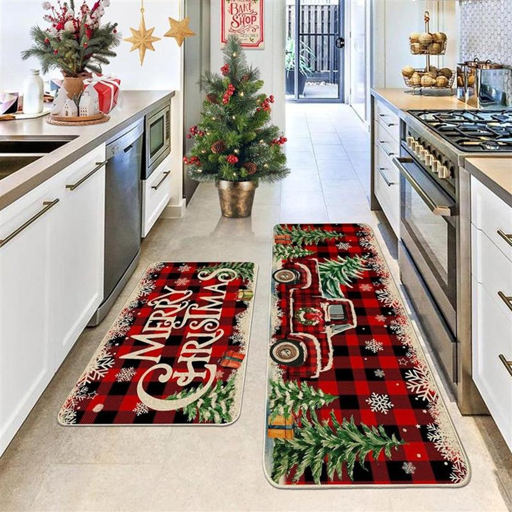 VIKAMA Christmas Eve Kitchen Snowflake Printed Floor Mat Anti-Slip Long Strip Set for Home Entry Area Household Decorative Rug