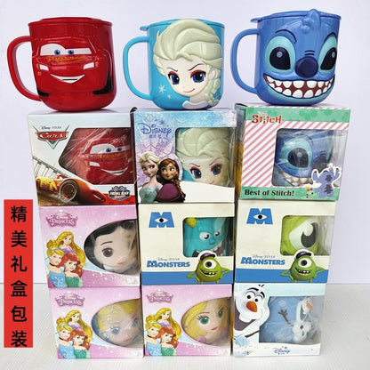 Copo infantil de desenho animado Disney Mickey Stitch com tampa Caneca de leite Frozen Elsa 3D Copo para beber em casa Copo para escovar a boca Copo de água infantil