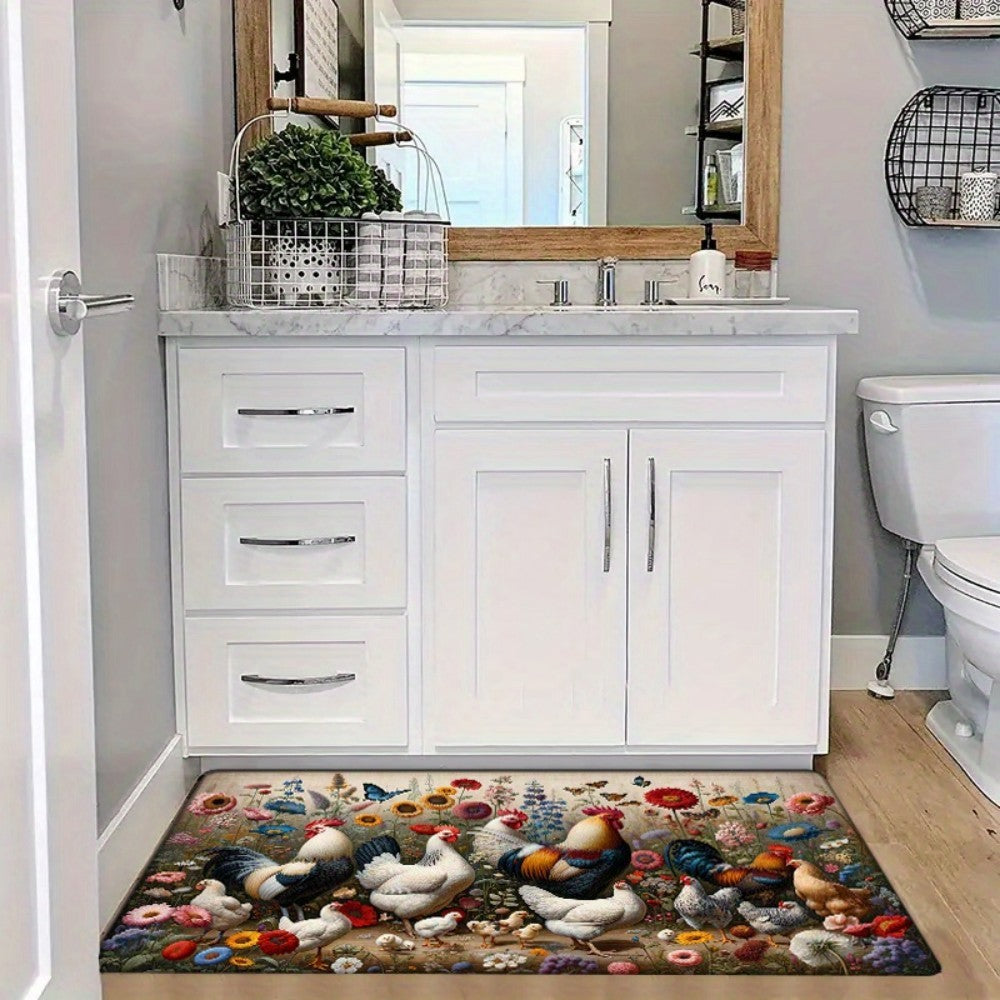 VIKAMA Rooster Floral Print Non-Slip Flannel Doormat Machine Washable Rug Suitable for Kitchen, Bathroom, Living Room, Bedroom