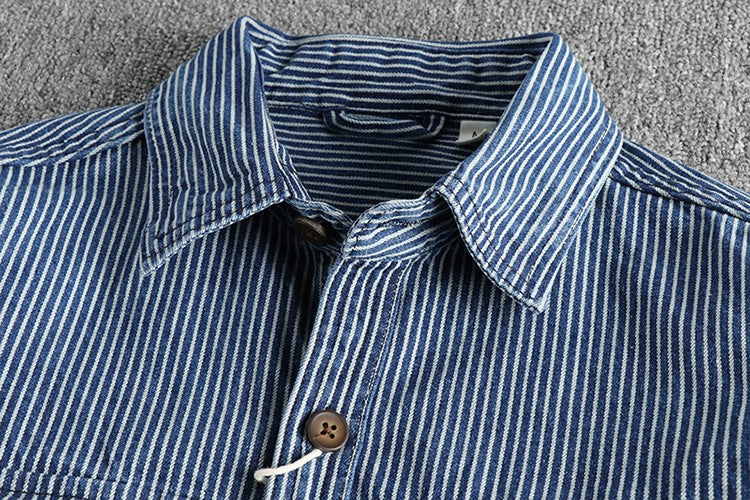Autumn New American Retro Long Sleeved Lapel Denim Striped Cargo Shirt Men's Simple 100% Cotton Washed Old Casual Blouses Coat