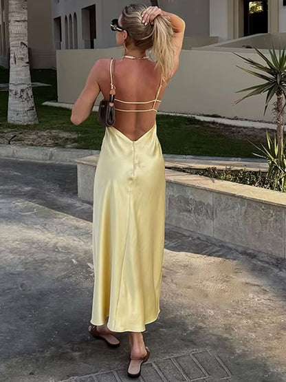 HH Women Summer Yellow Stain V Neck Sling Dress Elegant Sleeveless Loose Maxi Robes 2025 New Ladies Party Holiday Dresses