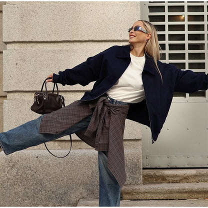 Woolen Zipper Loose Short Jacket Women Long Sleeve Lapel Solid 2025 Autumn Winter Commute Coat Street Office Warm Ladies Outwear