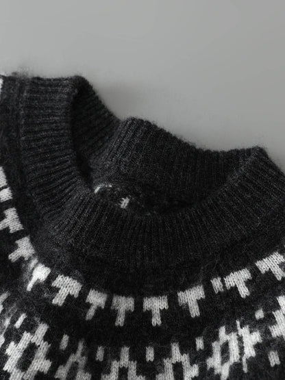 Men's 100% Merino Wool Pullover Sweater O-neck Fair Isle Jacquard Loose Casual Knitwear Long Sleeve Cashmere Tops Autumn Winter