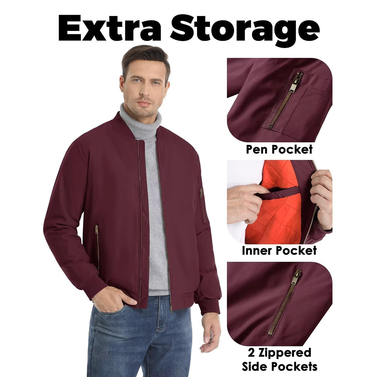 MAGCOMSEN Men's Aviator Jackets Thick Warm Orange Lining Bomber Jackets Fall Winter Casual Windproof Coats