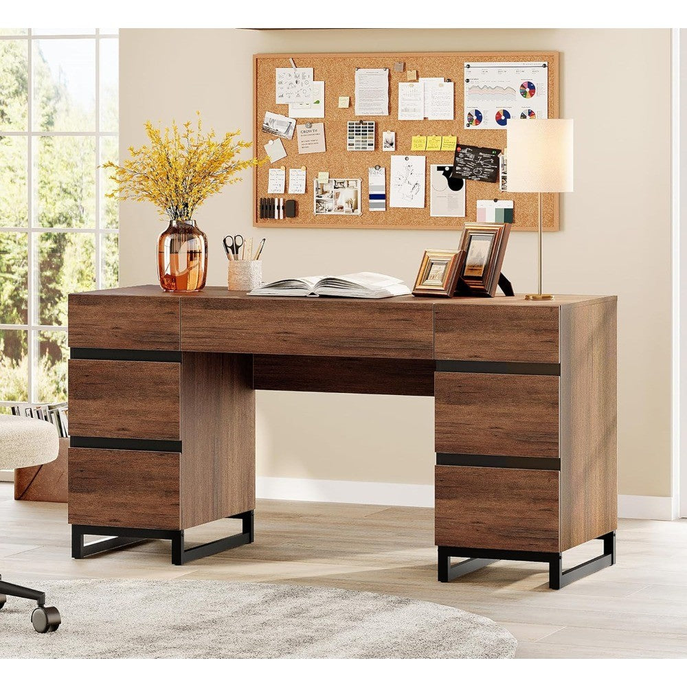 59 Modern administrative desk with drawers, wooden computer desk with charging station, home desk with file drawers