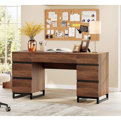 59 Modern administrative desk with drawers, wooden computer desk with charging station, home desk with file drawers