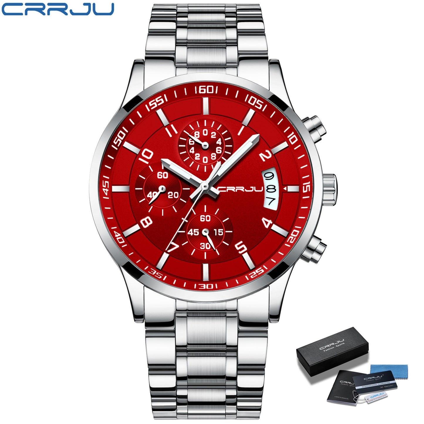 CRRJU Men Quartz Wristwatches Luxury Brand Sporty Chronograph Watches with 316 Stainless Steel Luminous Hands Male Clock Red