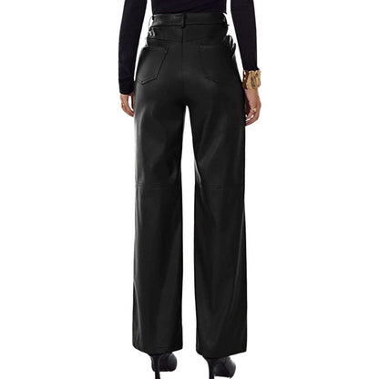 Leather Pants For Women High Waist Straight Slimming Side Pockets Solid Color Casual Party Spring Fall Trousers
