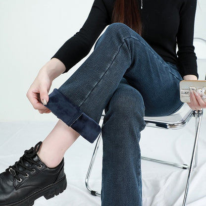 Winter Female Thin Snow Warm Plush Jeans Lady Chic Fleece Flared Pants Girls Korean High Waist Straight Leg Denim Trousers