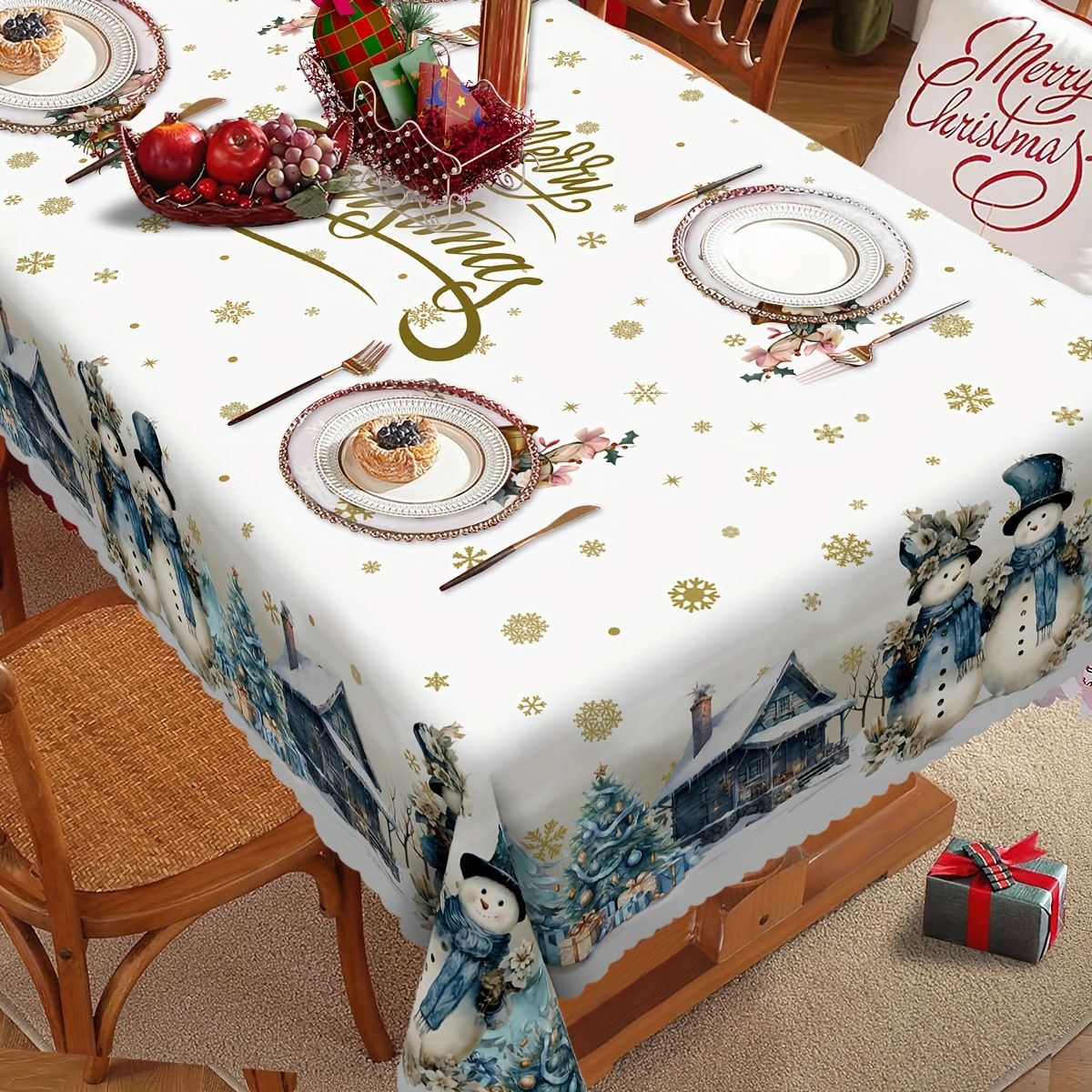Christmas Snowman Golden Snowflake Rectangle Tablecloth Wedding Party Decor Xmas Tree Waterproof Tablecover Christmas Decoration