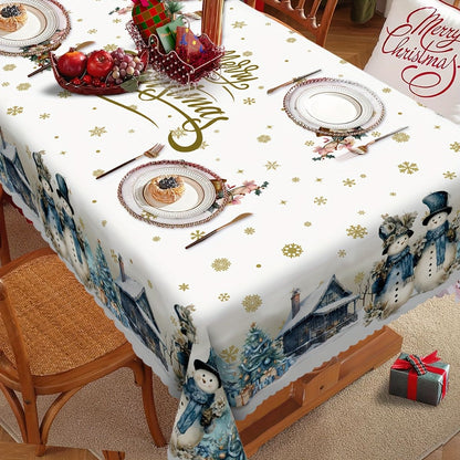 Christmas Snowman Golden Snowflake Rectangle Tablecloth Wedding Party Decor Xmas Tree Waterproof Tablecover Christmas Decoration