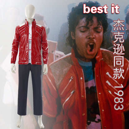 Red Zipper Michael Jackson MJ Beat It Jacket for Impersonators PU Leather Punk Casual Coat Halloween Stage Christmas Outwear Cos