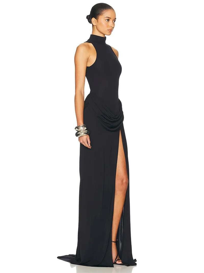 Blifanbo Turtleneck Off-shoulder Sleeveless Thigh Split High Waist Pleated Maxi Dress For Women Elegant Fashion Club Party Dress