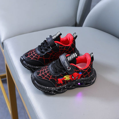 LED Casual Sneakers Red Black For Spring Boys Cartoon Mesh Outdoor Shoes Children Lighted Non-slip Shoes Size 21-30