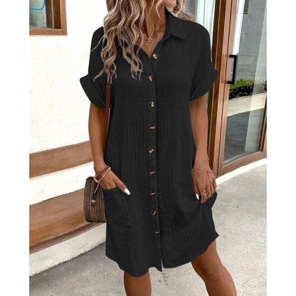 Fashion Women Summer Short Sleeve Shirt Dress Elegant Loose Simple Pockets Offic