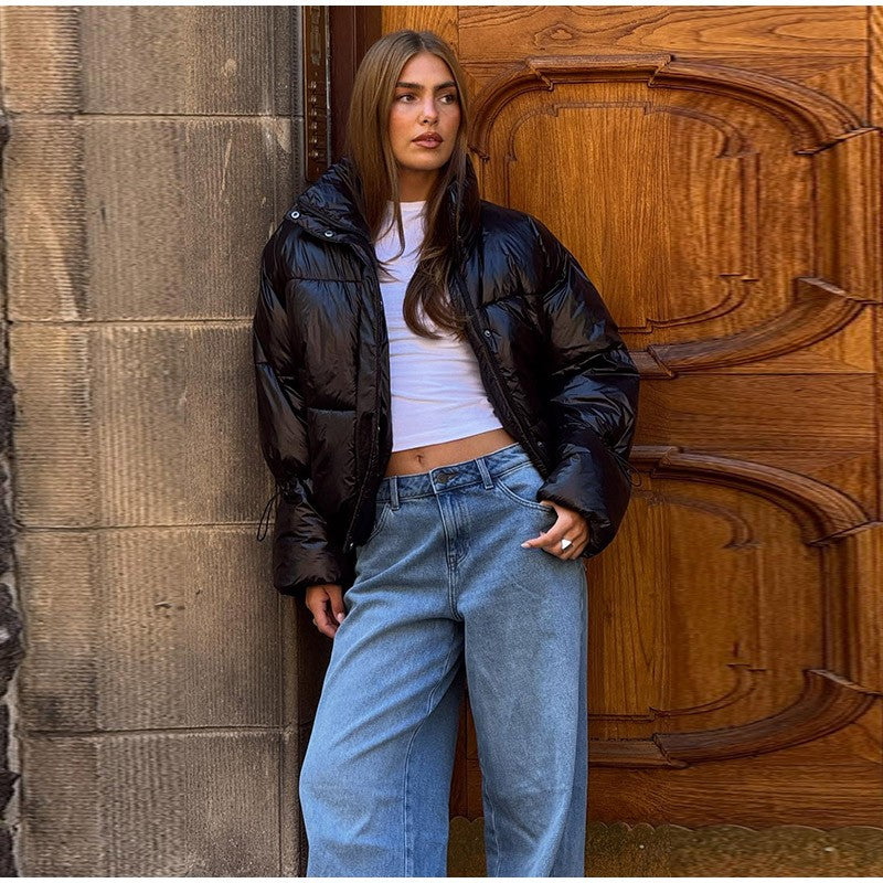 Thicken Cotton Jackets Women High Neck Long Sleeves Zipper Drawstring Coats Female 2025 Winter Fashion Chic Solid Warm Outwears