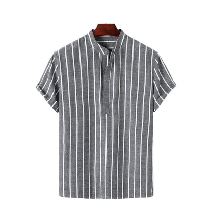 Men Fashion Striped Shirt Short Sleeve Casual Linen Shirts Tops Male Formal Social t-Shirts Stand-Up Collar Shirts Man Clothes
