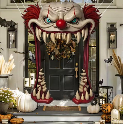 Halloween Horror Clown Door Arch Frame Decor Giant Fangs Monster Mouth Haunted House Bar Patio Outdoor Spooky Hanging Ornament