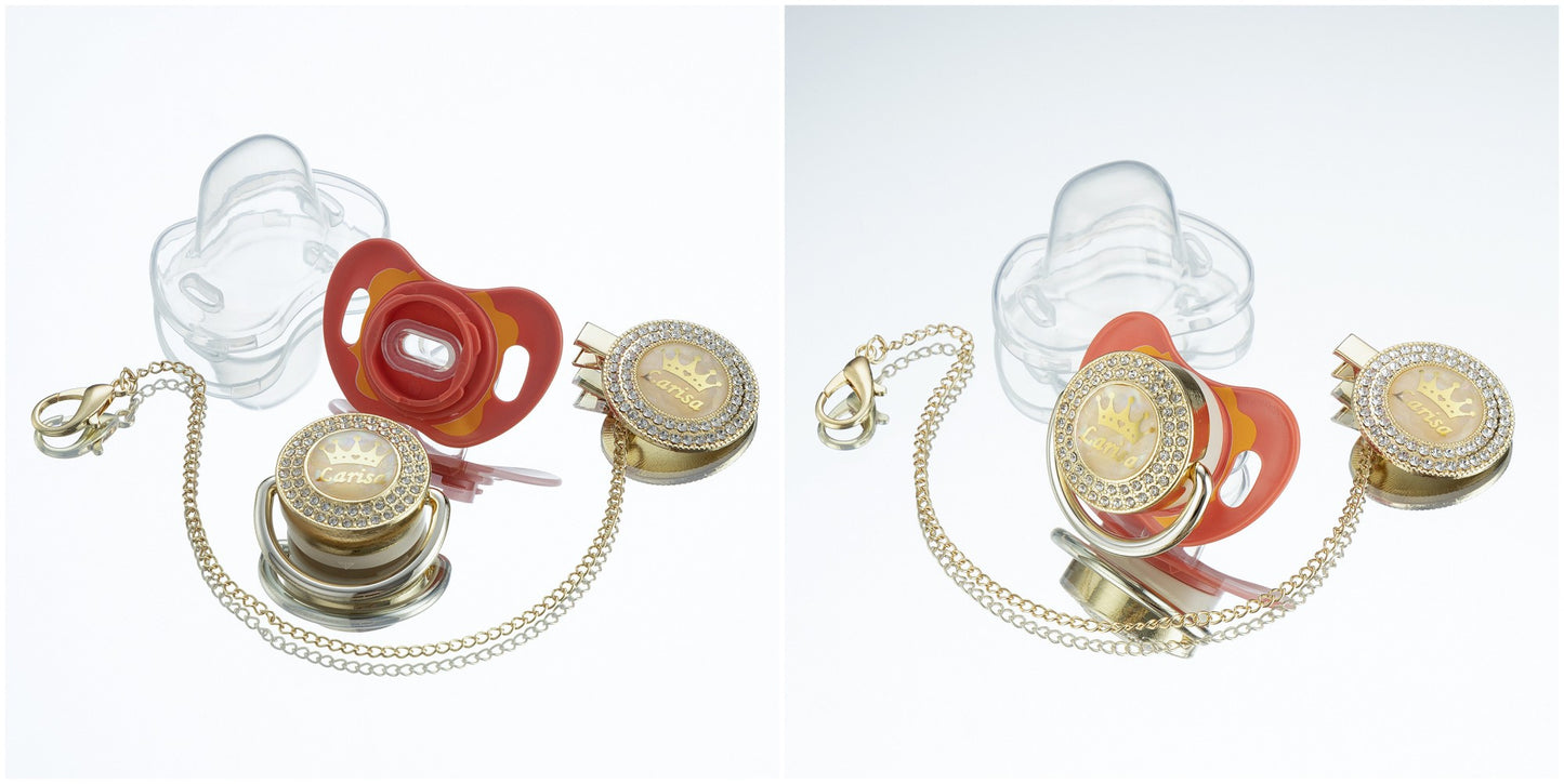 Miyocar Bling Custom Pink Brave Lion Pacifiers Bring 3 Replacement Silicone Teat Include All Size for Boy Girl Baby Shower Gift